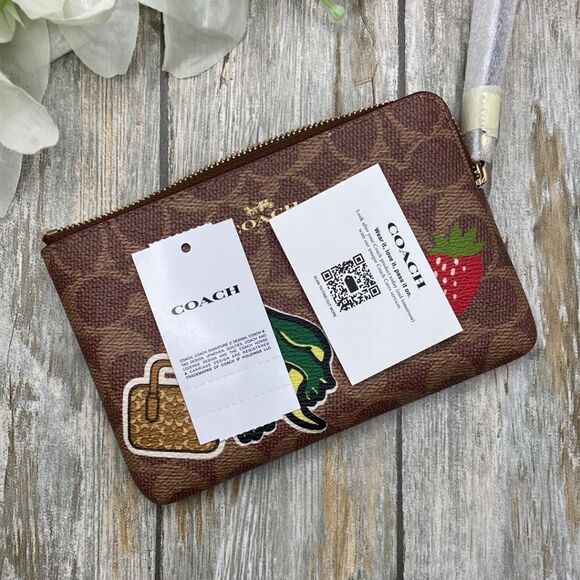 Coach Wristlet In Signature Canvas With Sticker Dinosaur Print Wallet Bag Purse - Picture 4 of 6